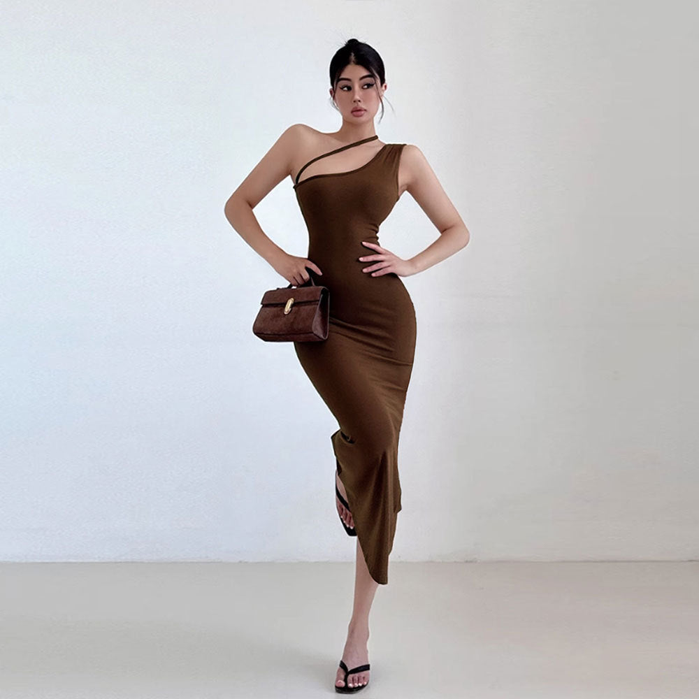 Fina Dam Klänningar Asymmetrisk Off-Shoulder Klänning i Brun Patchwork – Figur-Hugging Lång Kjol 4