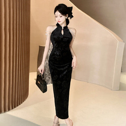 Dam Off-Shoulder Bodycon Klänning Cheongsam Stil Polyester-2