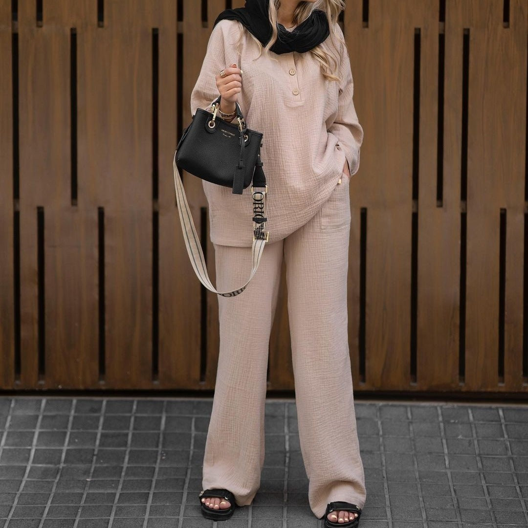 Dam Set Vikta Tygskjorta Breda Byxor Polyester-2