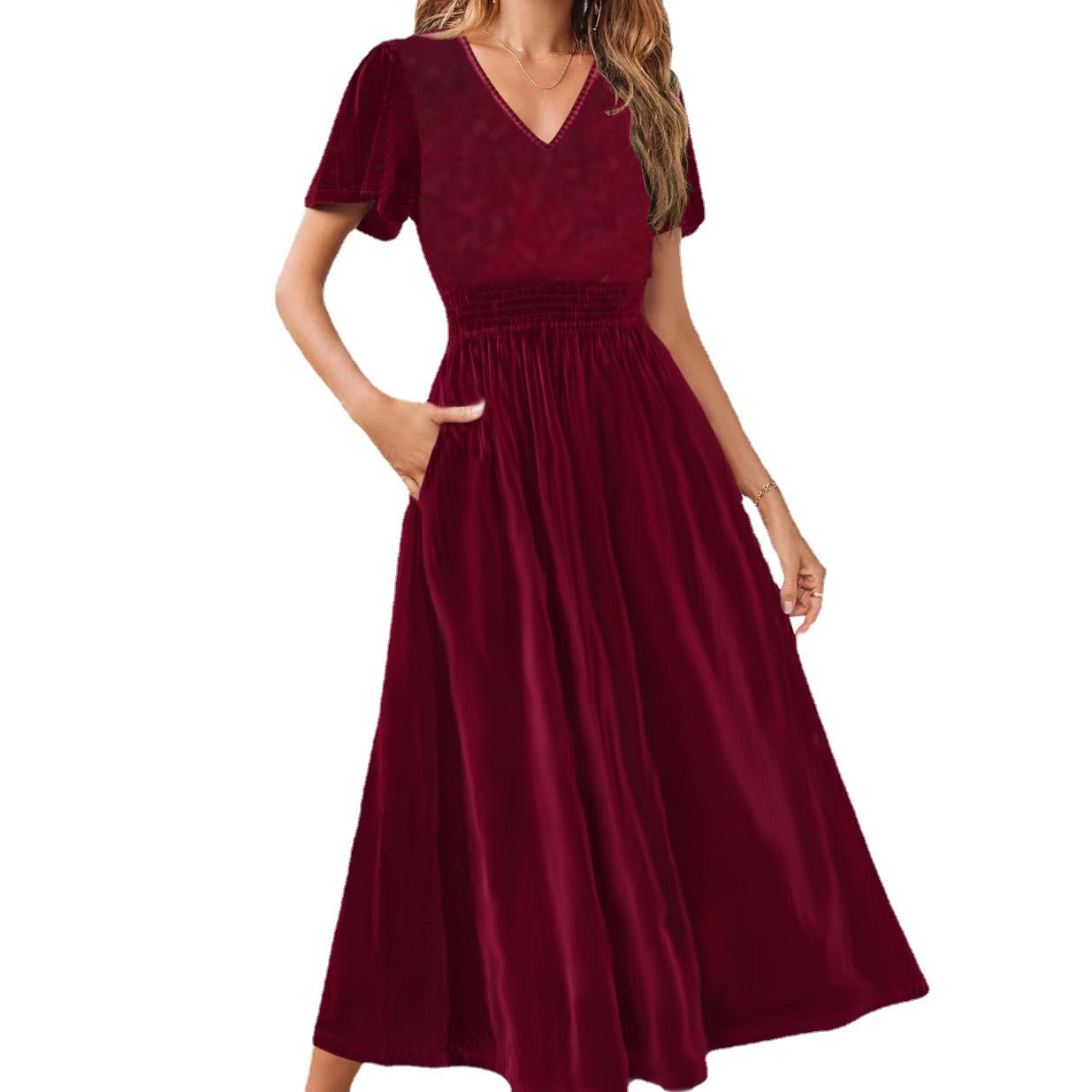 Dam Långklänning V-Hals Tredimensionell Dekoration Silke-6