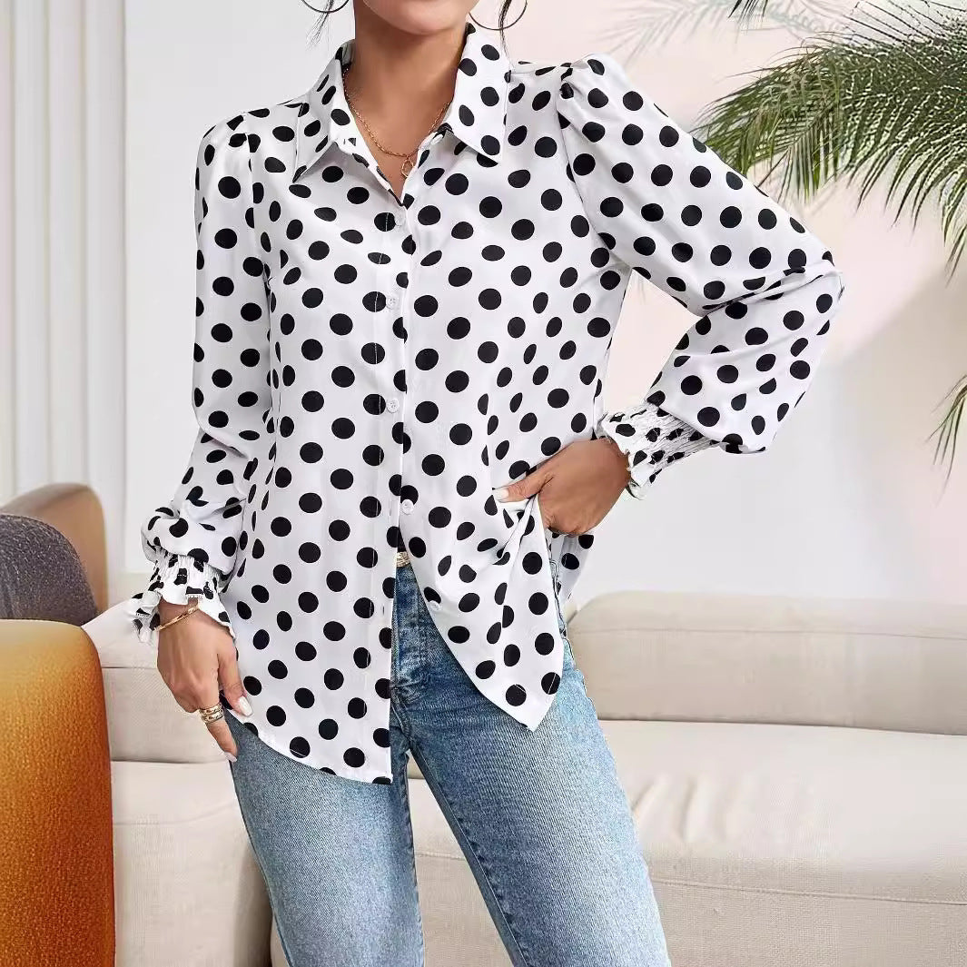 Dam Skjorta Minimalistisk Punktmönster Polyester Långa Ärmar-4