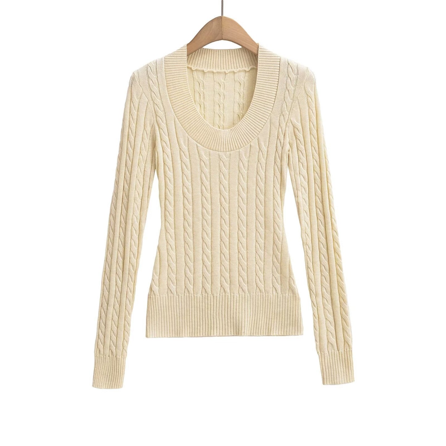 Dam Stickad Tröja Flätmönster Bred Halsringning Mjuk Akryl-4