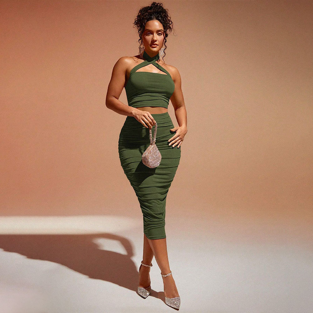 Kvinnors Två Delar Set Ärmlös Stickad Mid-längd Olivgrön-5