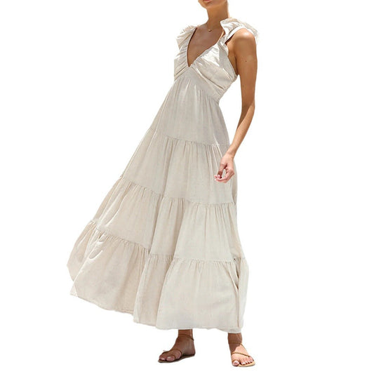 Damklänning V-ringning A-linjeformad Bomull-1