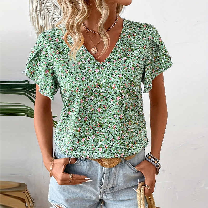 Dam Skjorta Löst Snitt Blommig Polyester V-ringning Korta Ärmar-2