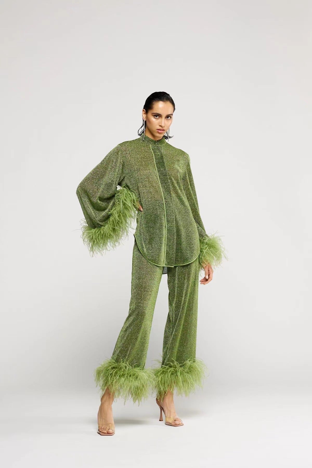 Dam Set Långärmad Topp och Byxor Polyester-5