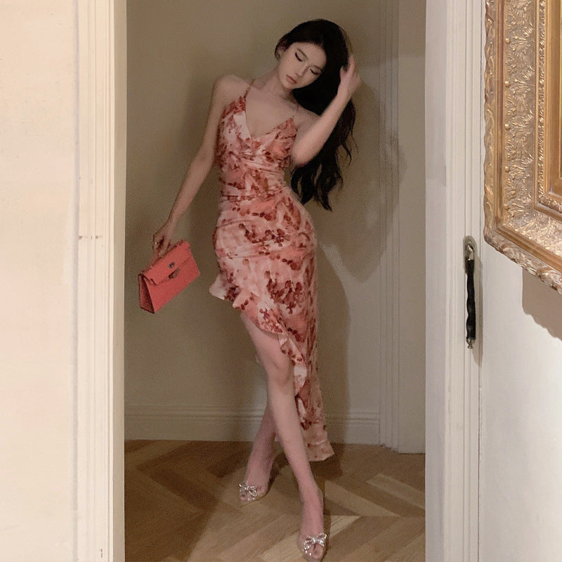 Kvinna Lång Klänning Oregelbunden V-hals Ärmös Kvalitetsblandning-2