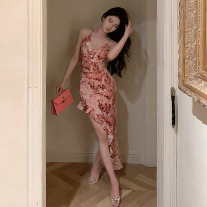 Kvinna Lång Klänning Oregelbunden V-hals Ärmös Kvalitetsblandning-2