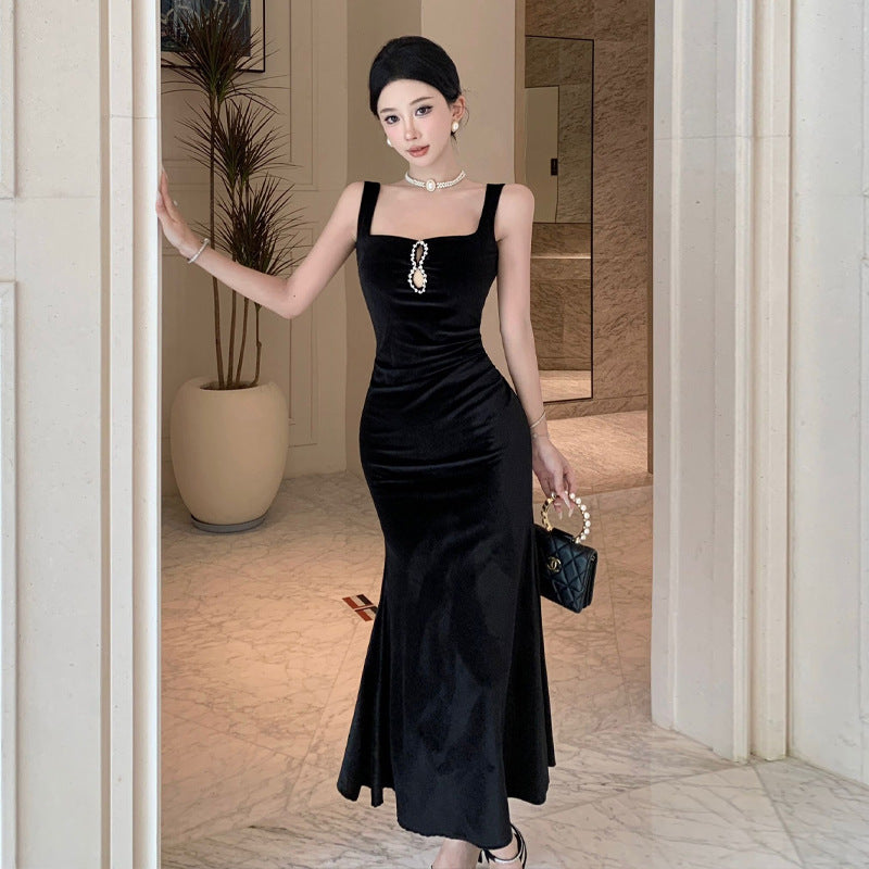 Kvinnors Lång Klänning Spaghetti Band Högkvalitativt Tyg-1