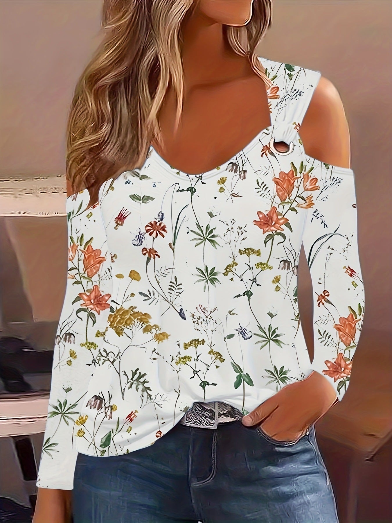 Variant image for Dam Off-Shoulder Topp Blommönster V-Ringning Polyester-11
