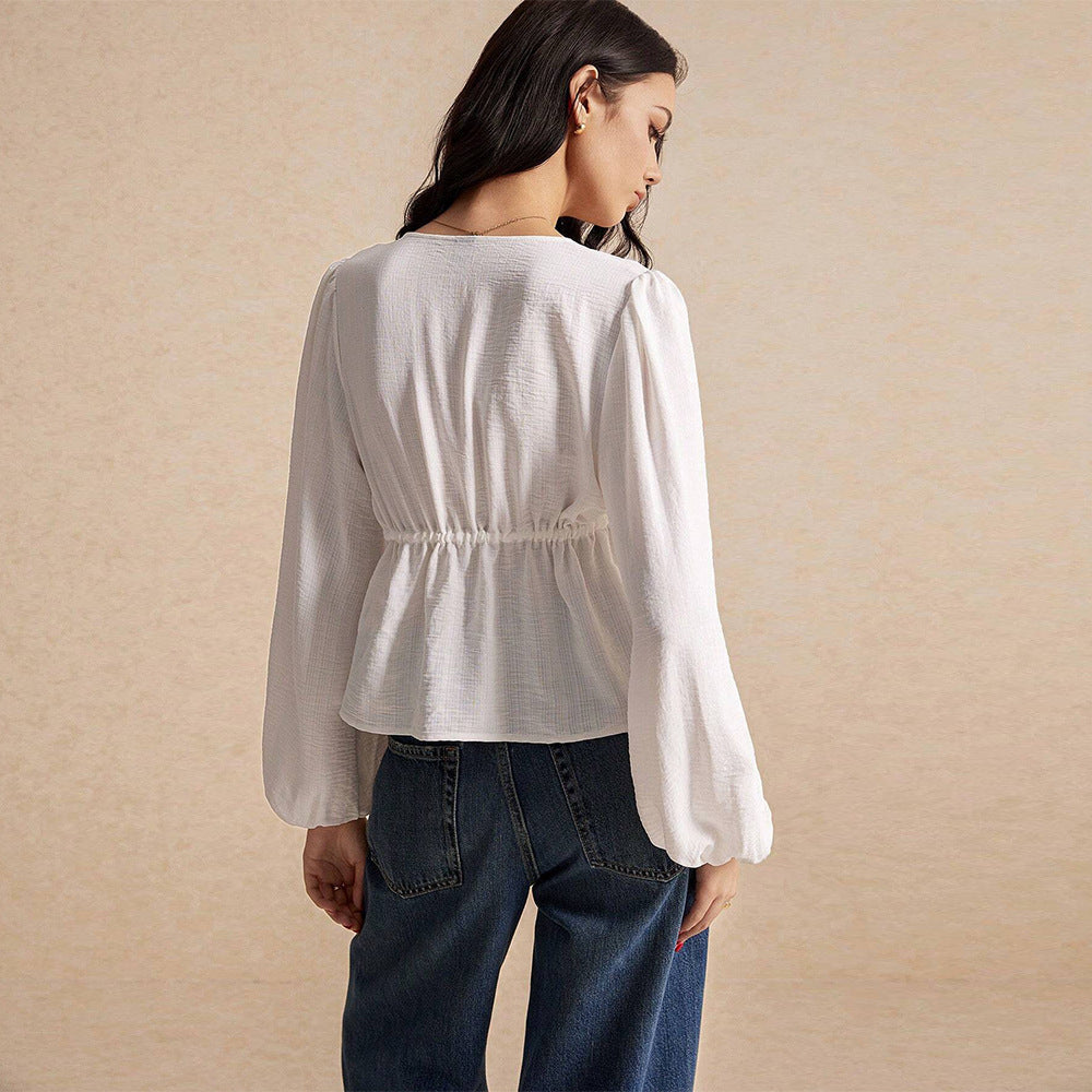 Dam Blus Puffade Ärmar Justerbara Snören Lätt Tyg 3