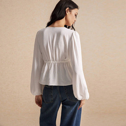 Dam Blus Puffade Ärmar Justerbara Snören Lätt Tyg 3