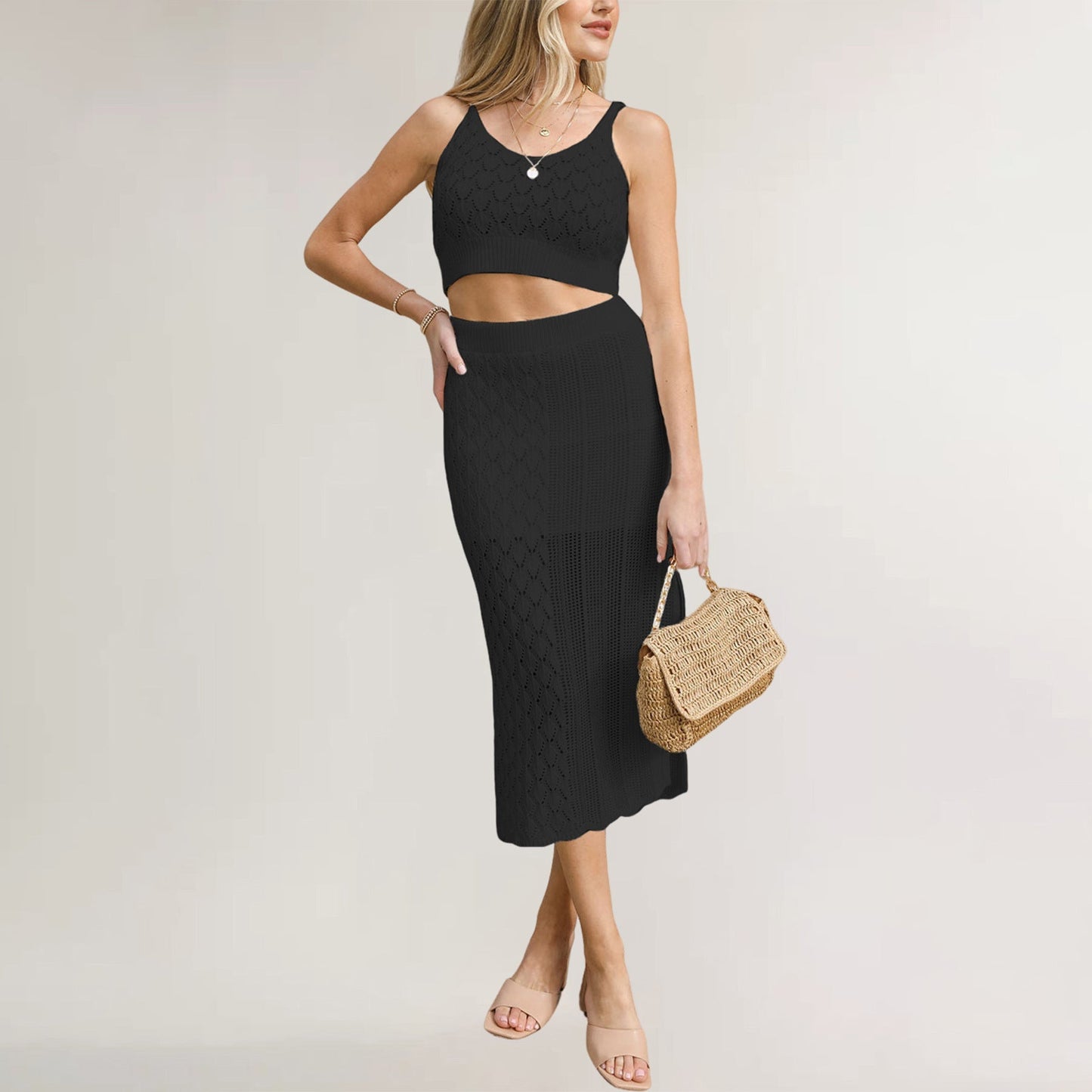 Dam Väst Stickad med Diamantmönster och Delad Design-5