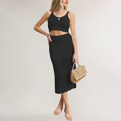 Dam Väst Stickad med Diamantmönster och Delad Design-5