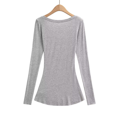 Kvinnors Långärmad Topp U-Hals Bomullsmix 5