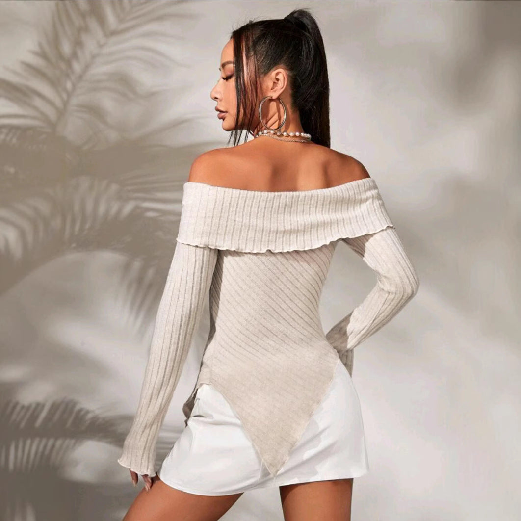 Dam Stickad Tröja Oregelbunden En-Axel Polyester-3