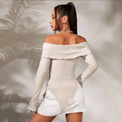 Dam Stickad Tröja Oregelbunden En-Axel Polyester-3