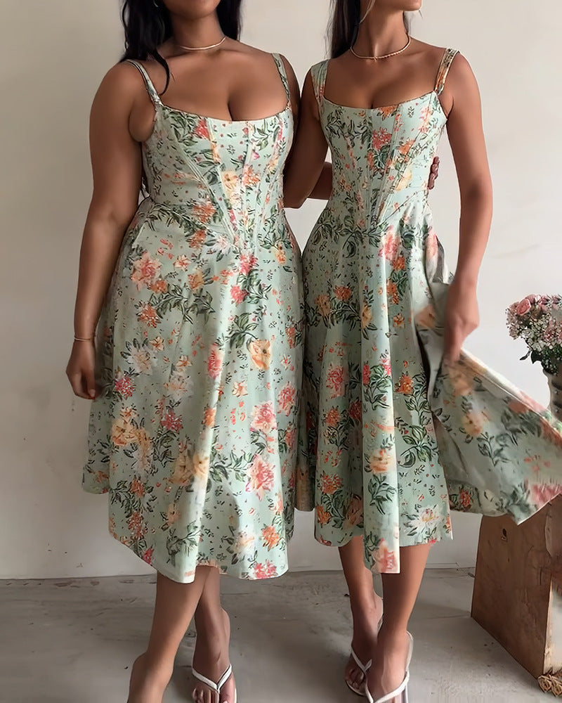 Damklänning Blommig Spaghetti-bärare Fyrvägs Stretch Elegant Brickklänning-2