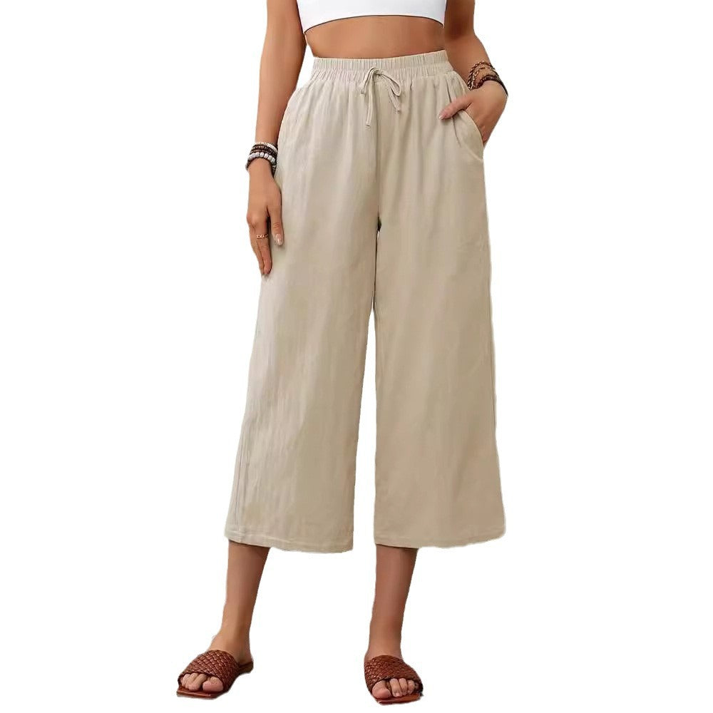 Dam Byxor Med Resår I Midjan Snygga Bred Snitt Andningsbart Linne 6