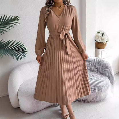 A-linjeformad Veckad Dam Klänning med Långa Ärmar i 100% Polyester – Elegant och Mångsidig Klänning för Fest och Vardag 3