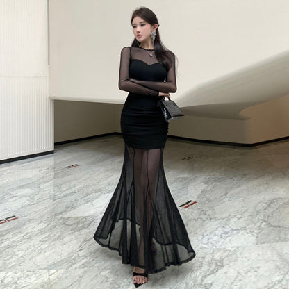 Variant image for Maxi Klänning Dam Transparent Tyll Med Långa Ärmar-1