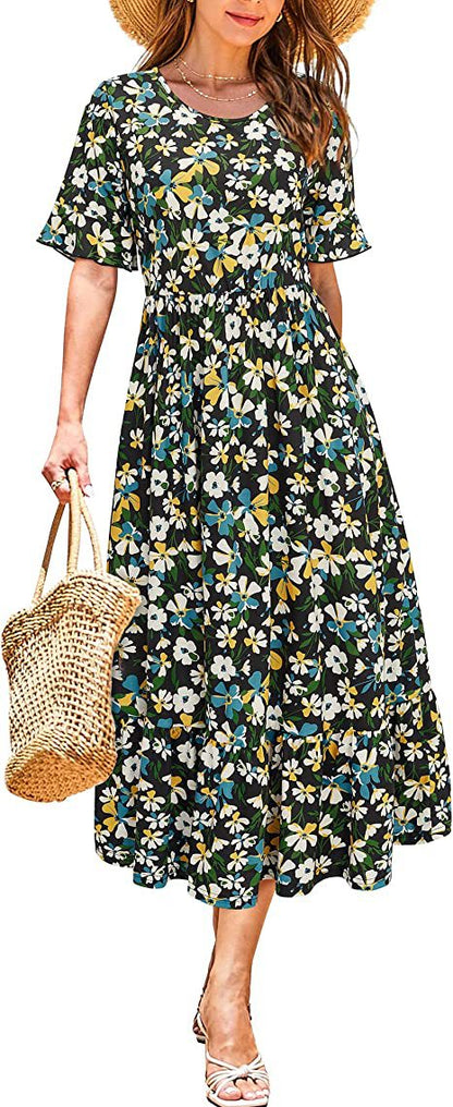 Kvinnors Sommarklänning A-linje Blommönster Mjuk Tyg 3