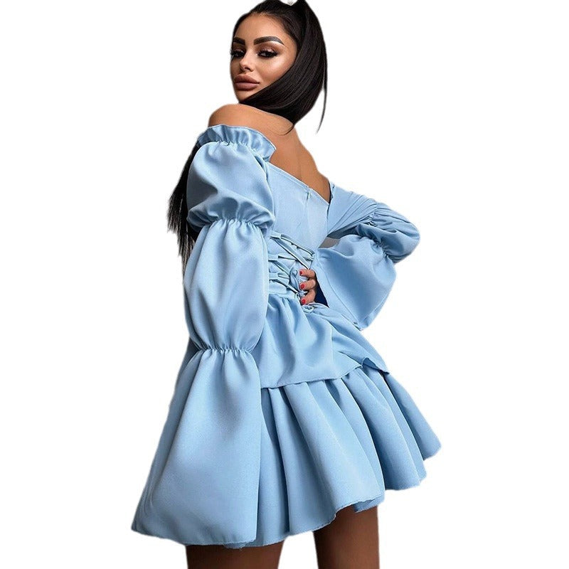 Kvinnors Off-Shoulder Klänning Flödande Ruffles Högkvalitativt Tyg 6