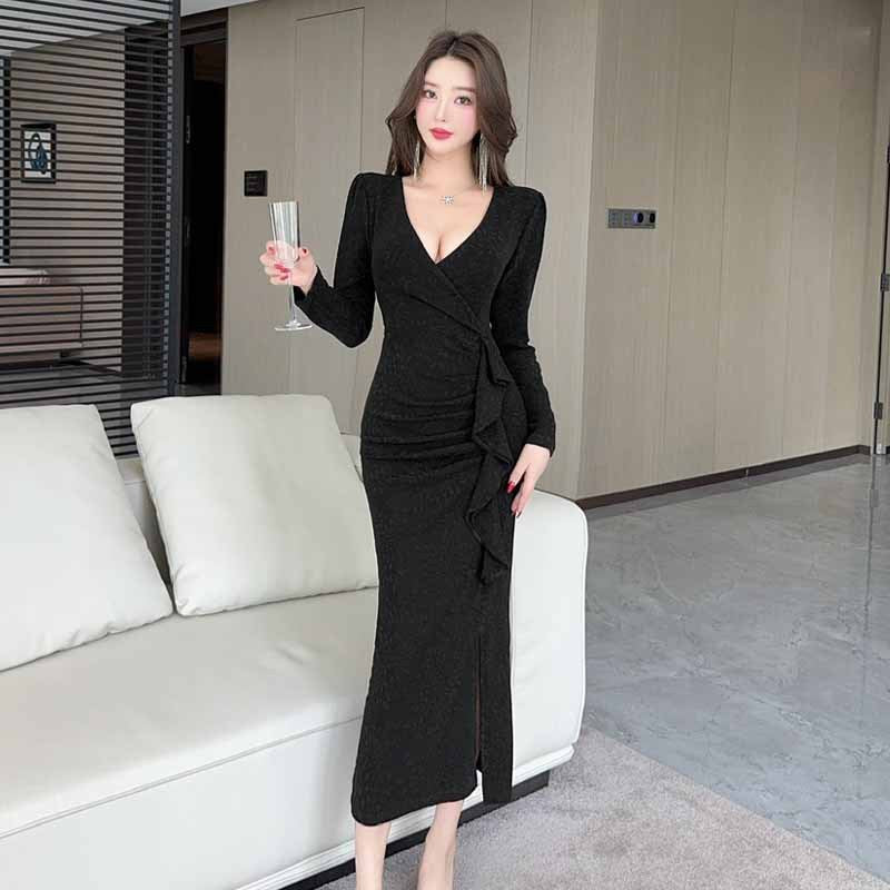 Variant image for Maxiklänning Dam Långärmad Stretch V-Ringning Elegant Maxi Längd-1