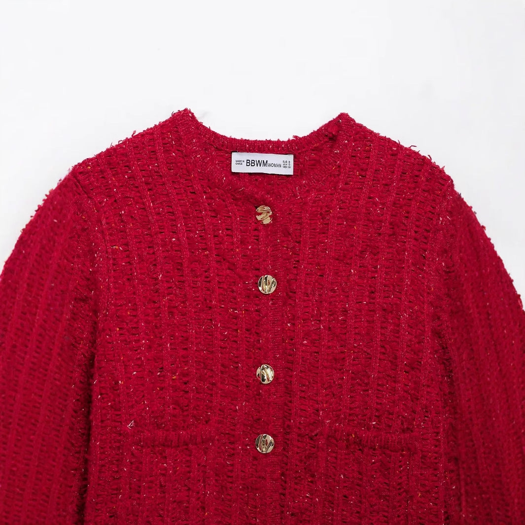 Kvinnors Cardigan Strukturerad Stickad med Gyllene Knappar-3