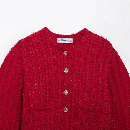 Kvinnors Cardigan Strukturerad Stickad med Gyllene Knappar-3