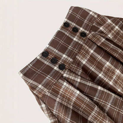 Lång Caroque Klänning med Dekorativa Knappar i Brunt och Beige Karomönster – Avslappnad Passform i Högkvalitativt Tyg 5