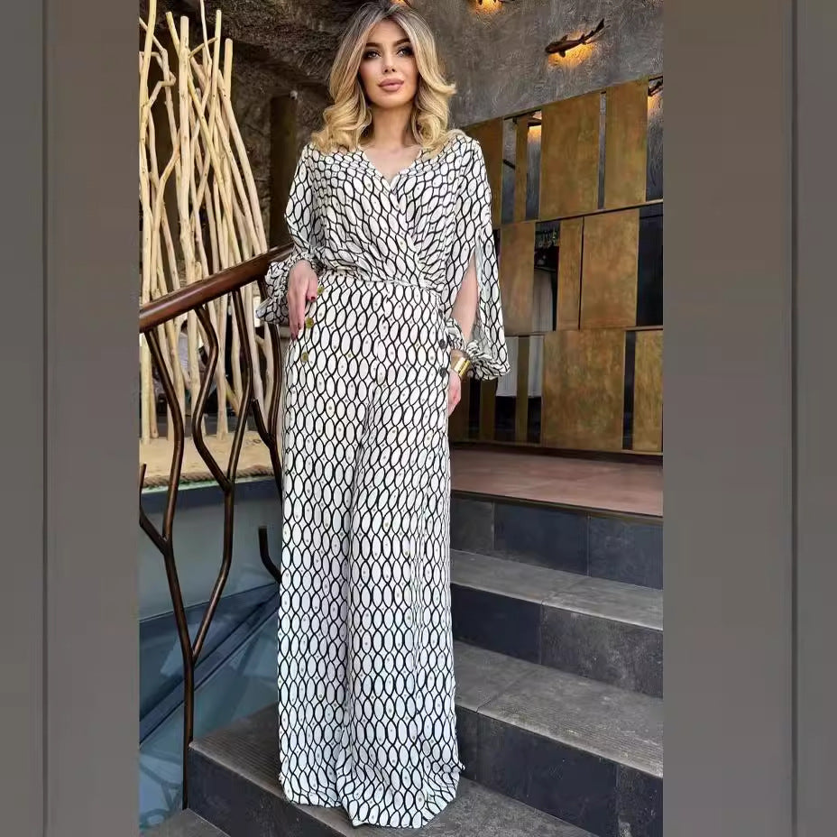 Dam Långärmad Topp Hög Midja Bredbyxor Polyester-3