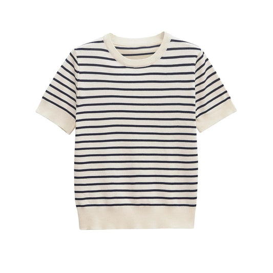 Dam T-shirt Randig Bomull Klassisk Passform Korta Ärmar-1