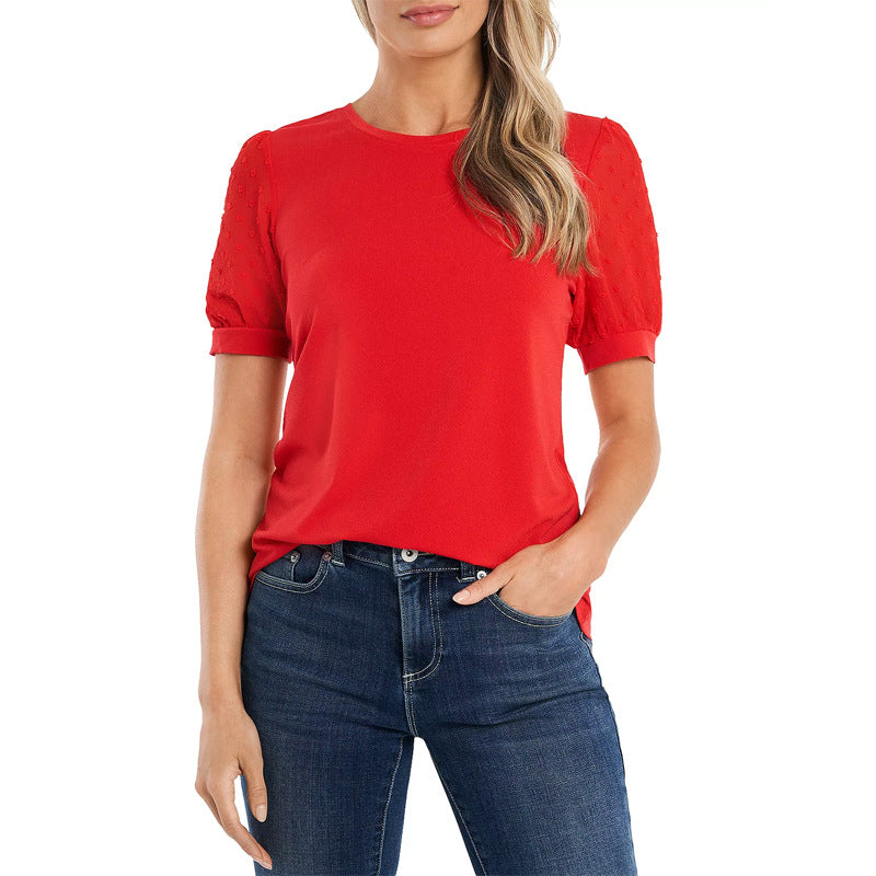 Dam T-Shirt Puffade Ärmar Polyester Rund Halsringning Kort Ärmar-3