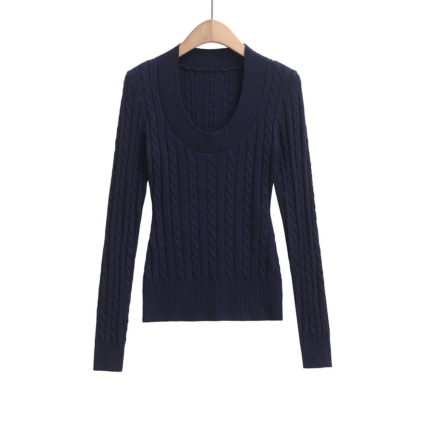 Dam Stickad Tröja Flätmönster Bred Halsringning Mjuk Akryl-6