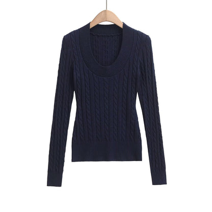 Dam Stickad Tröja Flätmönster Bred Halsringning Mjuk Akryl-6