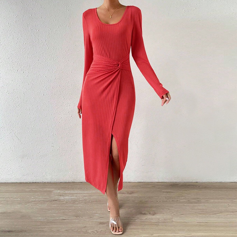 Dam Bodycon Klänning med Splittad Söm Lång Ärmar Polyester-3