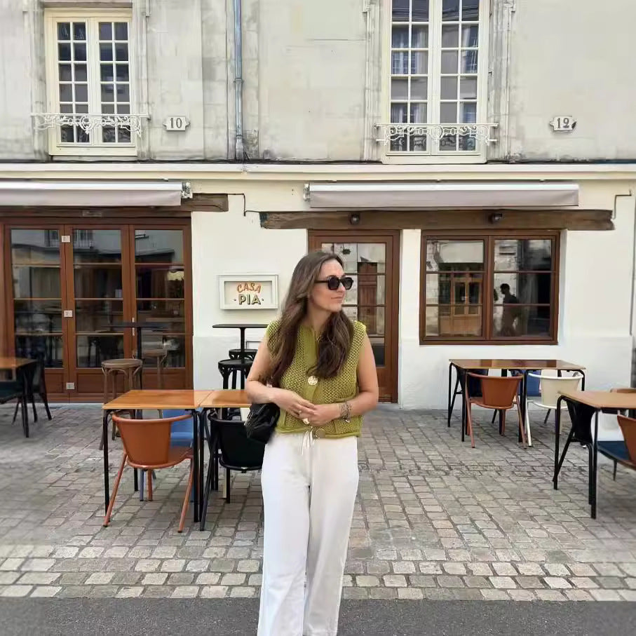 Dam Stickad Väst Elegant Med Dekorativa Knappar och Fickor 4