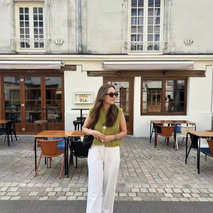 Dam Stickad Väst Elegant Med Dekorativa Knappar och Fickor 4