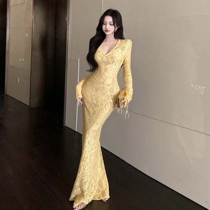 Variant image for Kvinnors Lång Klänning Bodycon V-ringad Polyester Elestan-1