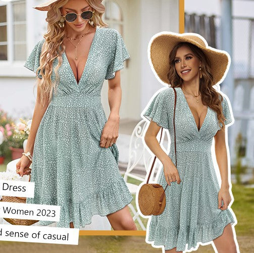 Dam Spetsklänning V-ringad med Vinghylsor i Lätt Tyg-2