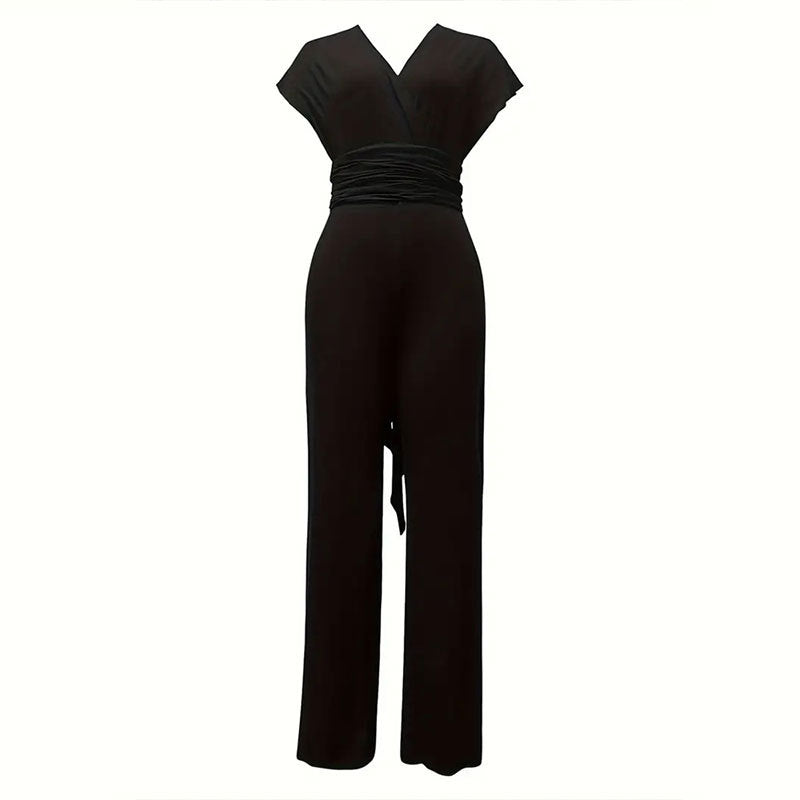 Elegant Dam Jumpsuit med V-ringad Slingrande Topp och Breda Ben – Andningsbart Tyg för Bröllop och Fester 4