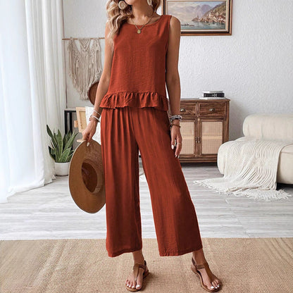 Vit Dam Kostym Ärmlös Topp och Byxor i Tvättad Bomull-3