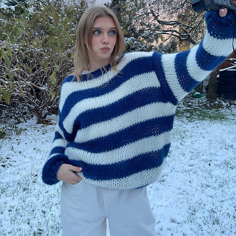 Dam Randig Stickad Tröja Oversized Mjuk Bomull-2