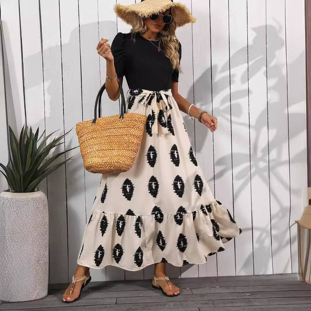 Dam Klänning Puffärmar Geometriskt Tryck Lång Polyester-2