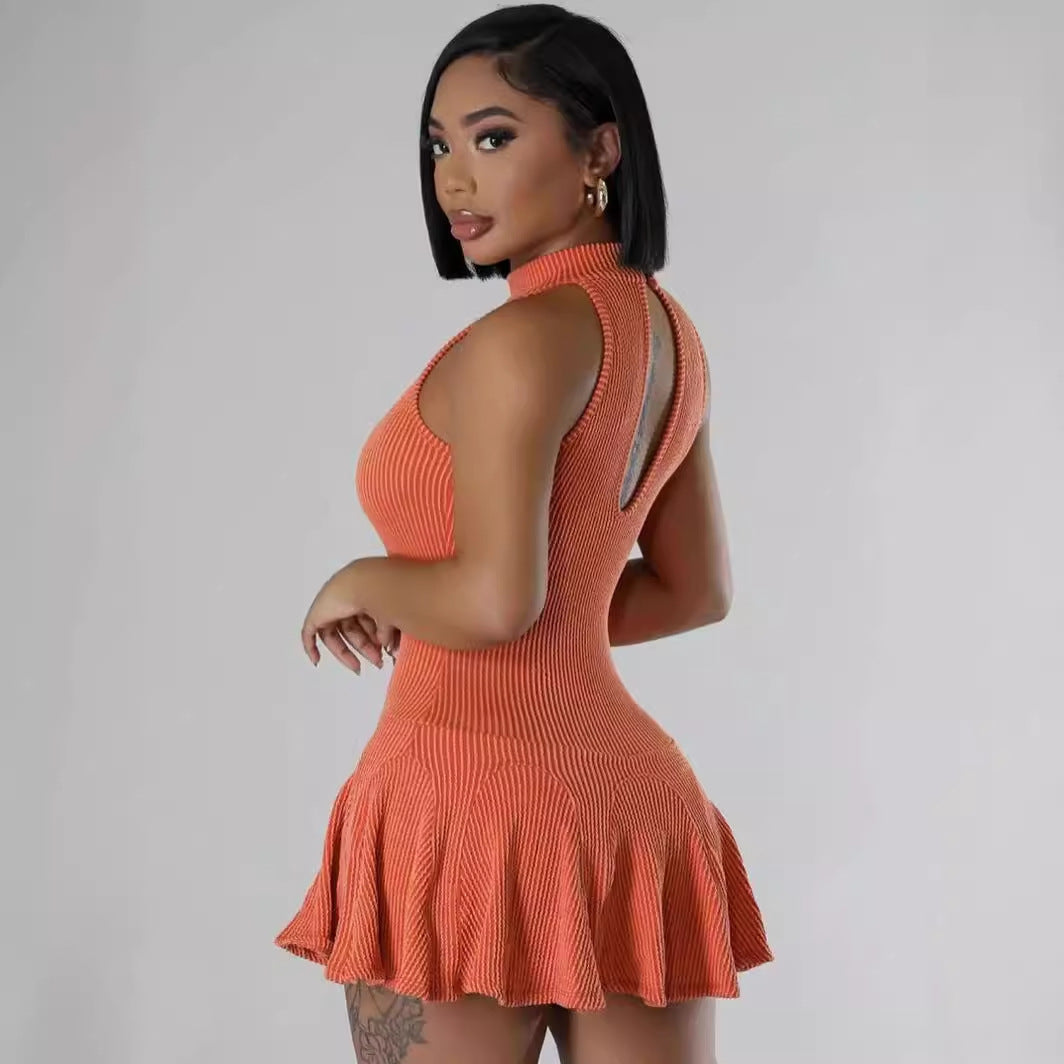 Damklänning Slim-Fit Ärmlös Ribbad Spandex Minikjol-4