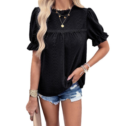 Dam Kortärmad Blus Ihålig Polyester Färgblock-5