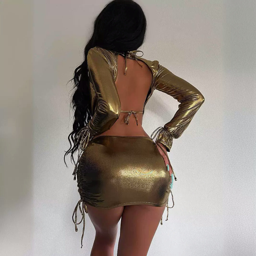 Kvinnors Glittrig Miniklänning Djup V-ringning Metallisk Polyester 3