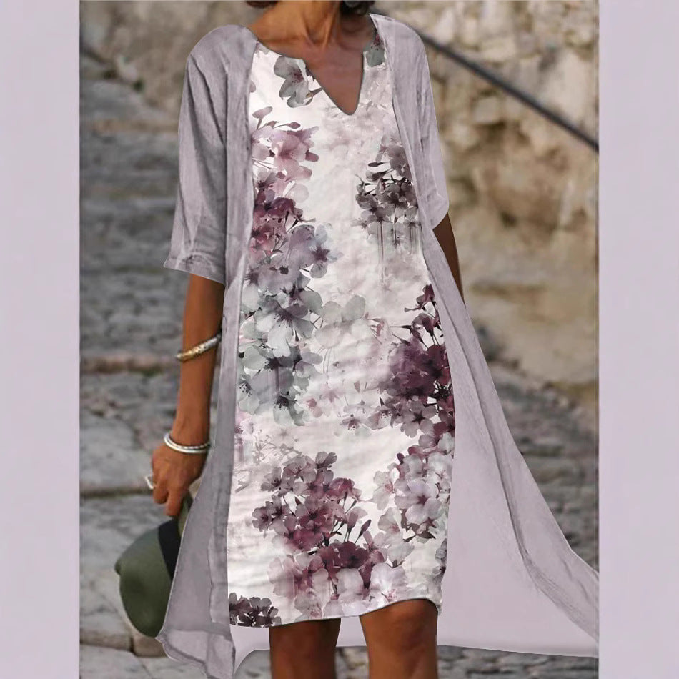 Dam Midiklänning Retro V-ringning Ramie Halvärmar-3