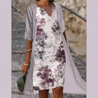 Dam Midiklänning Retro V-ringning Ramie Halvärmar-3